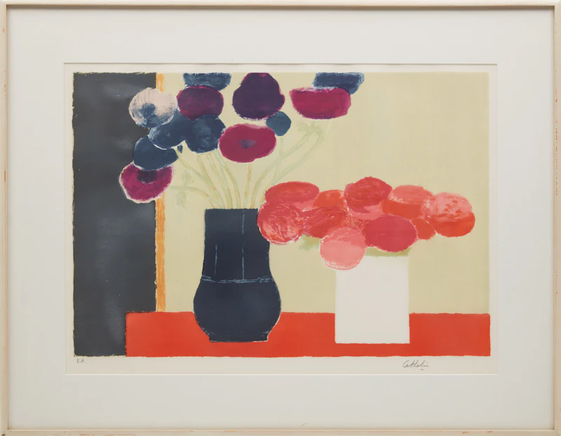 Bernard Cathelin, Deux bouquets sur nappe rouge; La jardinière de Moustiers, two colour lithographs - view 2