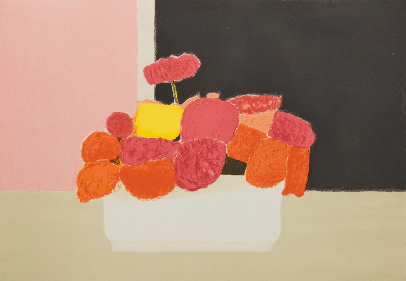 Bernard Cathelin, Deux bouquets sur nappe rouge; La jardinière de Moustiers, two colour lithographs - view 4