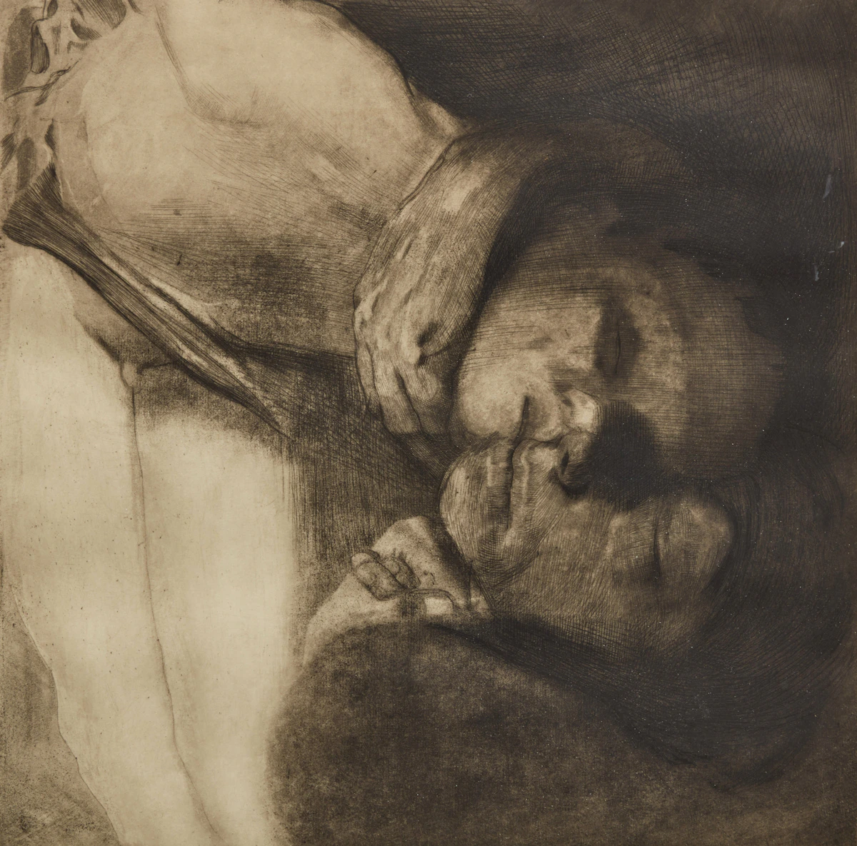 Käthe Kollwitz, Death, Woman, and Child (Tod, Frau and Kind) (KI.113XIV; Knesebeck 108 XIV/XVb), etching and drypoint