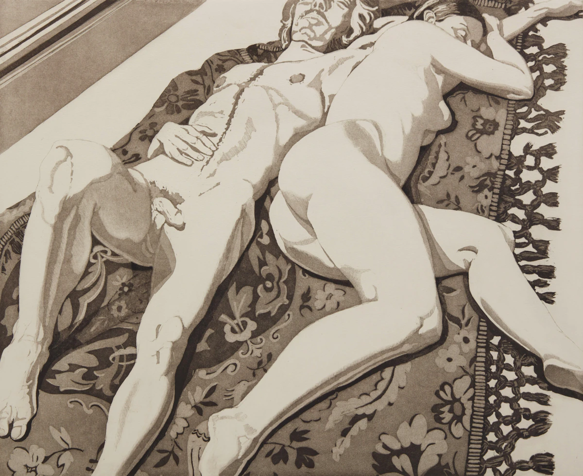 Philip Pearlstein, Male and Female Nudes on a Spanish Rug, etching and aquatint en grisaille, 1971