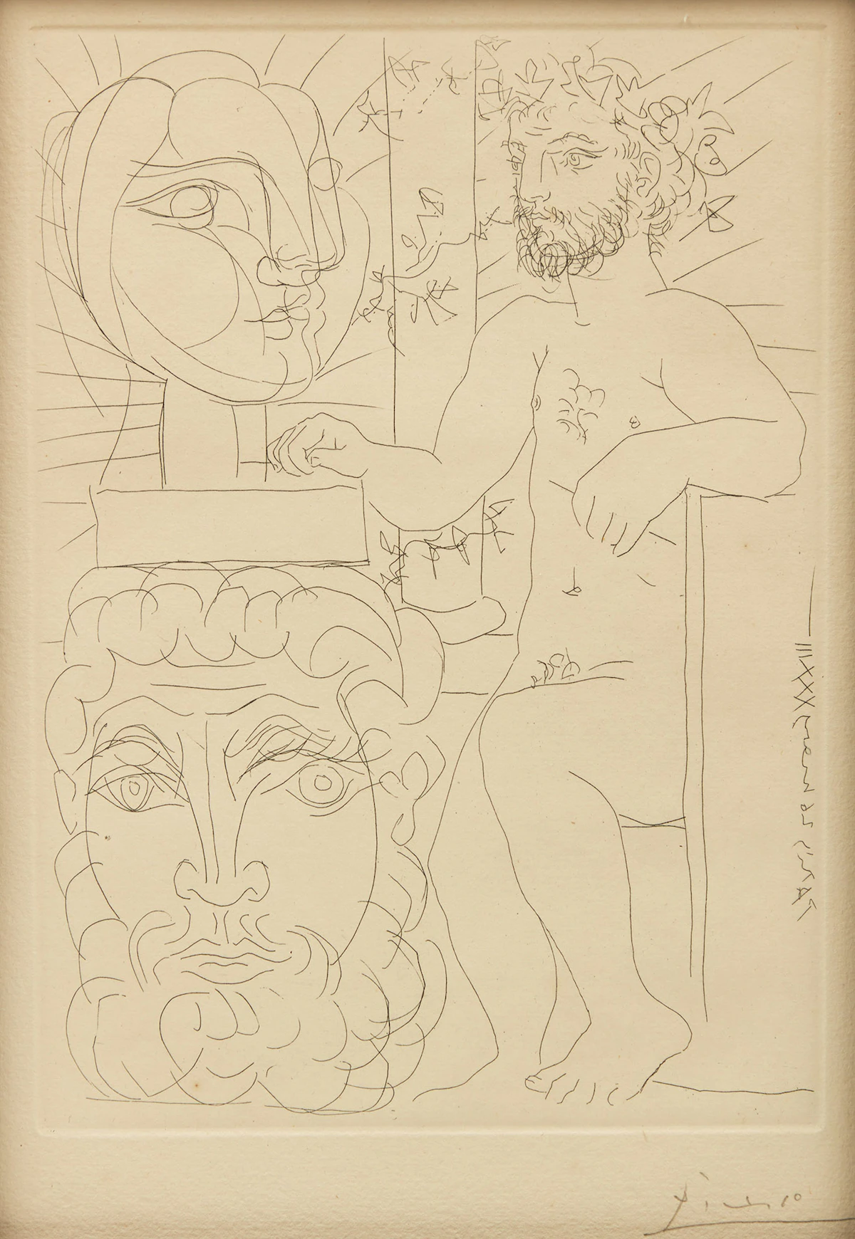 Pablo Picasso, Sculpteur et deux têtes sculptées from the Vollard Suite (Bloch 157; Geiser 310 Bd), etching, 1933