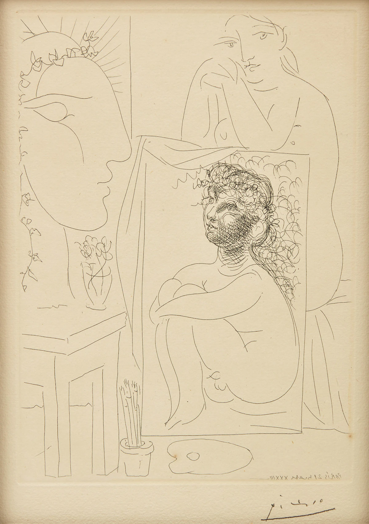 Pablo Picasso, Modèle accoudé sur un tableau from the Vollard Suite (Bloch 151; Baer 303), etching, 1933