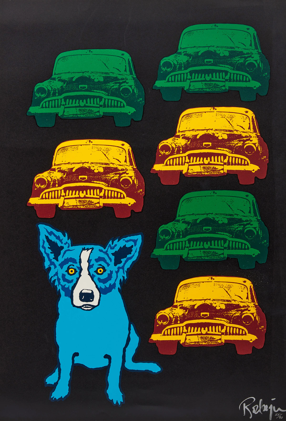 George Rodrigue, Junkyard Dog; A Blue Dog Christmas, two colour serigraphs