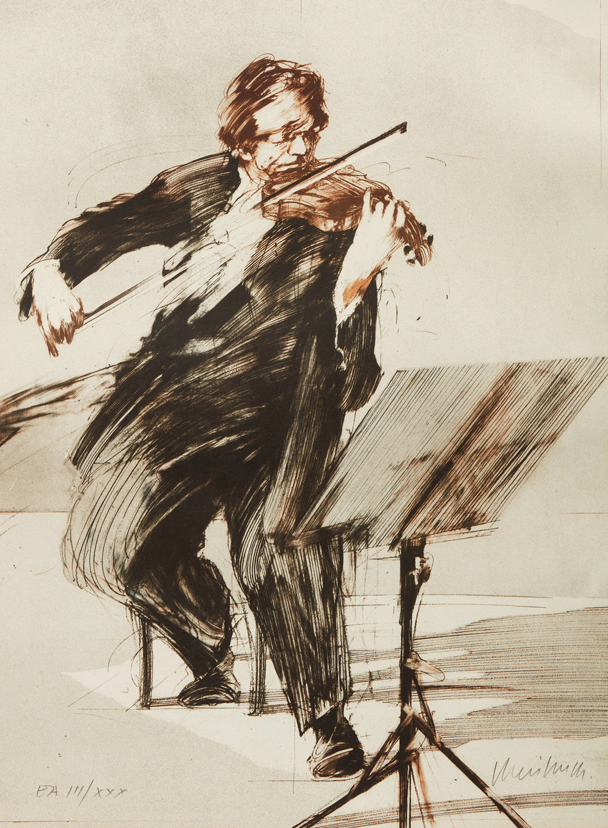 Claude Weisbuch, Violonist, colour lithograph
