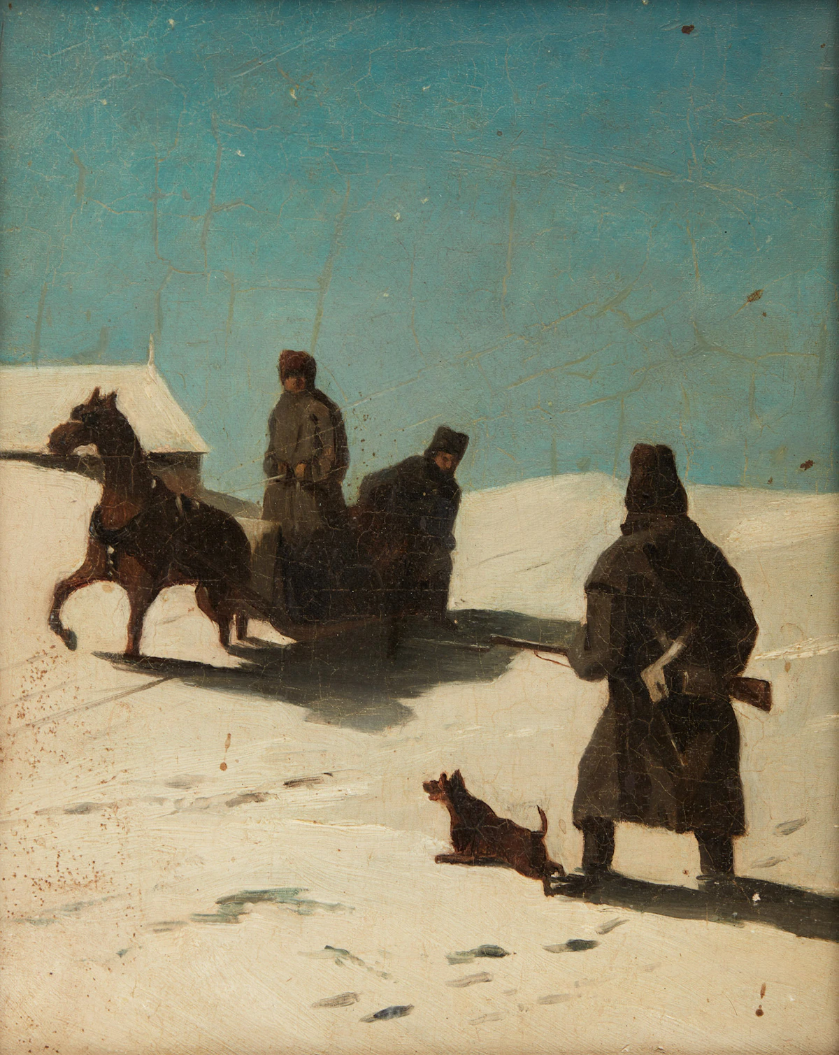 British School (Canada 1847-1848), The Captain of the day turning the Guard out, Main Guard Citadel, Quebec. William Thirwan “The Doctor” driving Chestnut Bobby, oil on canvas