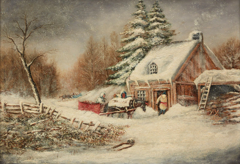 (Manner of) Cornelius Krieghoff, Winter in Laval Mountains near Quebec; Blocked in the Snow, two oils on canvas - view 4