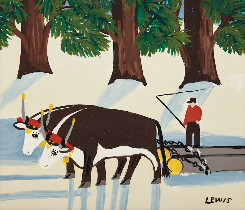 Maud Lewis, Two Oxen Hauling Logs, mixed media on board