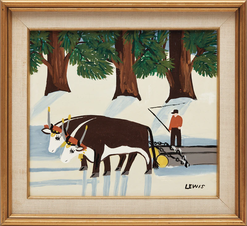Maud Lewis, Two Oxen Hauling Logs, mixed media on board - view 2
