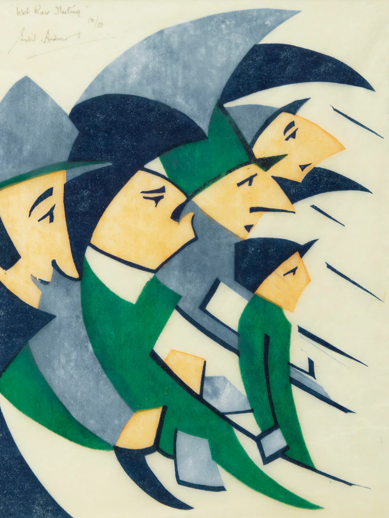 Sybil Andrews, Wet Race Meeting, colour linocut, 1930 - view 1