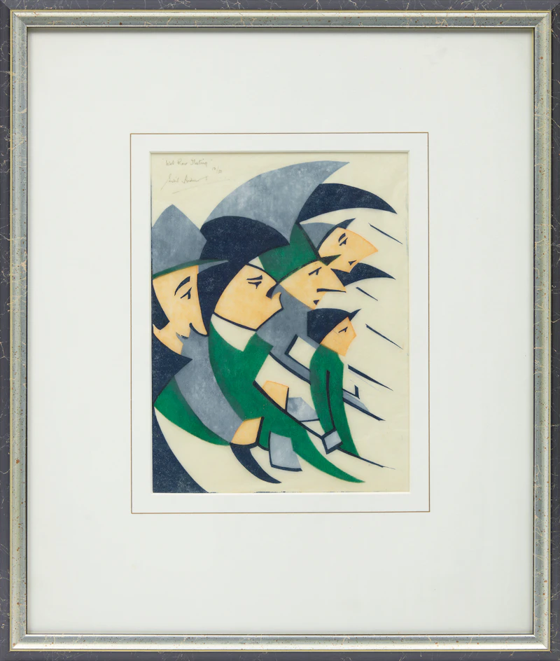 Sybil Andrews, Wet Race Meeting, colour linocut, 1930 - view 2