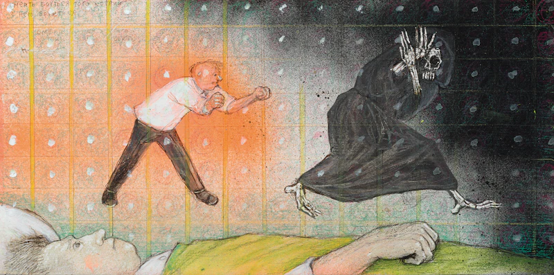 William Kurelek, Death Fears Him Who Resists Her, mixed media on board