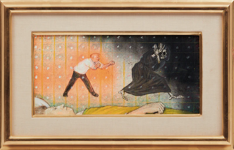 William Kurelek, Death Fears Him Who Resists Her, mixed media on board - view 2
