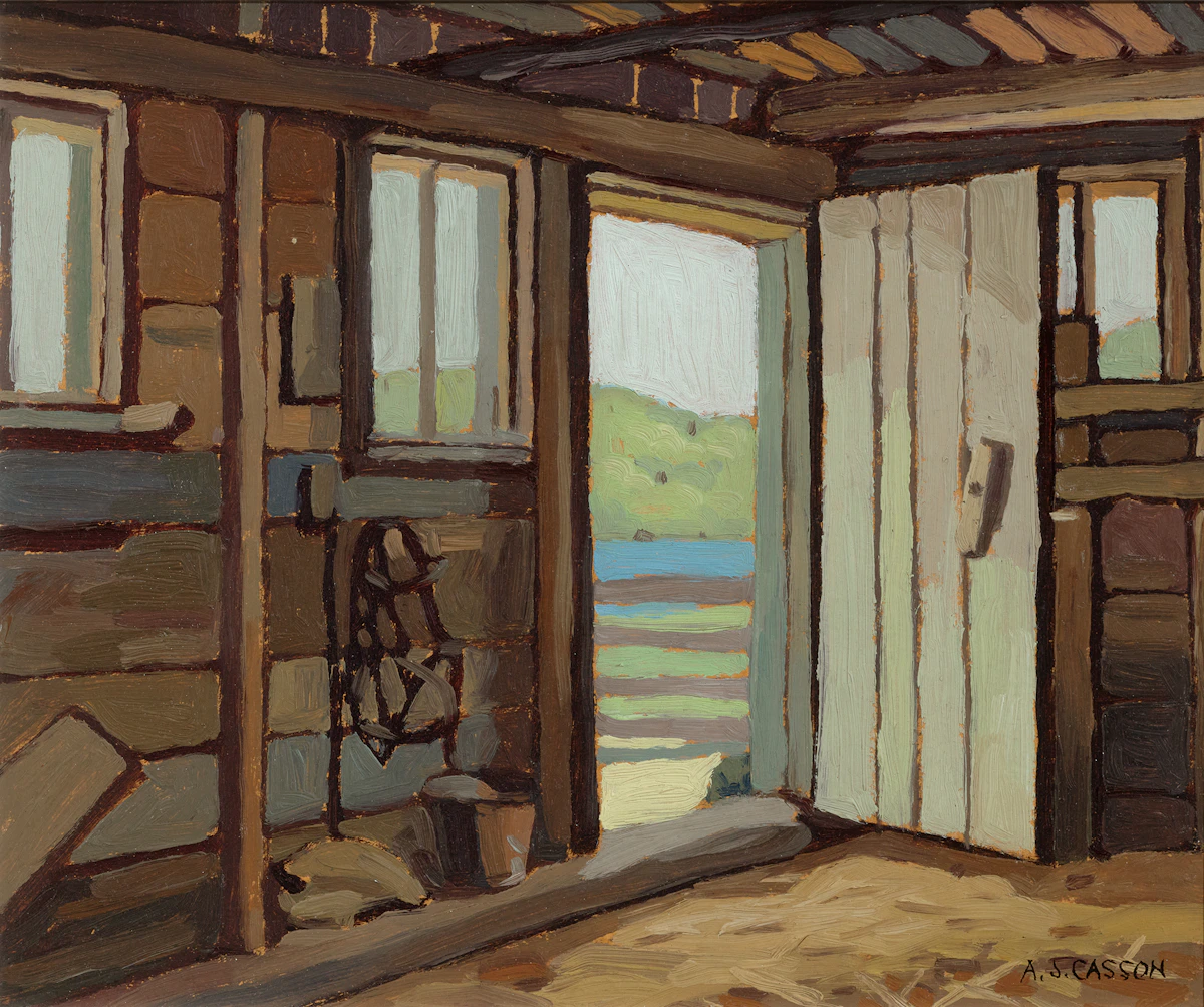 Alfred Joseph Casson, Barn Interior, Lake Kashagawigamog , oil on board, 1923