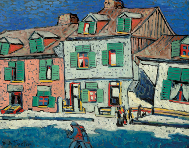 Marc-Aurèle Fortin, Près de Café à Montréal, Rue Wolfe, oil on board