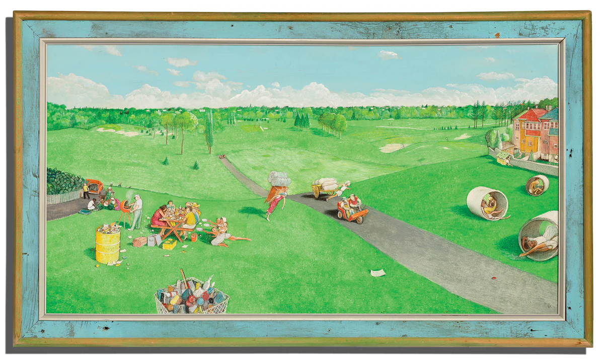 William Kurelek, Rosedale Golf and Country Club - It’s Hard for Us to Realize, mixed media on board, 1972