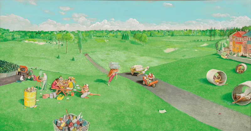 William Kurelek, Rosedale Golf and Country Club - It’s Hard for Us to Realize, mixed media on board, 1972 - view 2