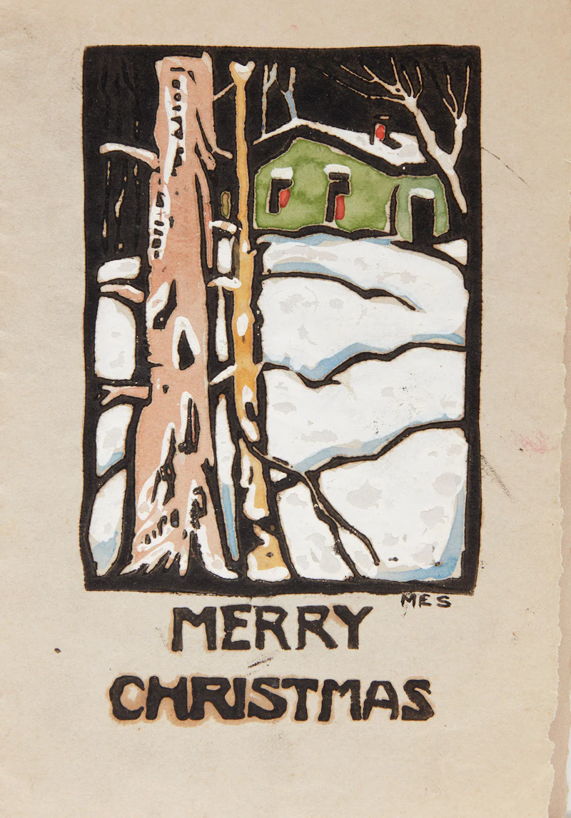 Merry Christmas; Winter Landscape with Cabin by Muriel Stark