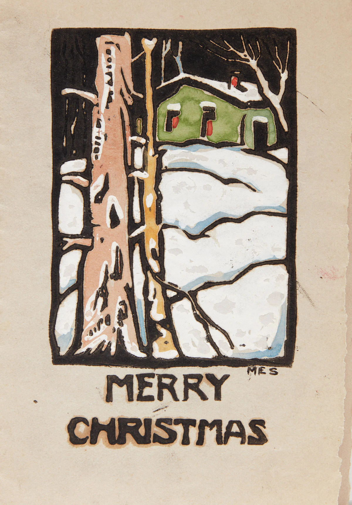 Muriel Stark, Merry Christmas; Winter Landscape with Cabin, two hand-painted cards
