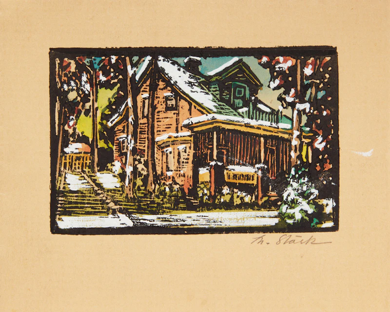 Muriel Stark, Merry Christmas; Winter Landscape with Cabin, two hand-painted cards - view 2