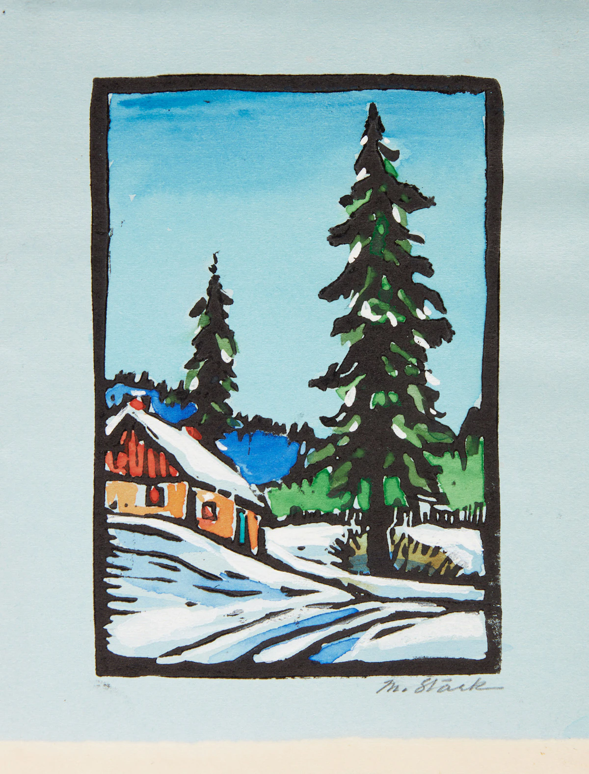Muriel Stark, Cabin Among the Trees; Village in Winter; River in Winter, three hand-painted cards