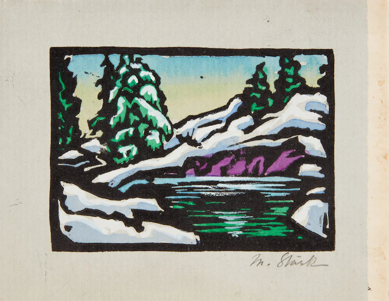 Muriel Stark, Cabin Among the Trees; Village in Winter; River in Winter, three hand-painted cards - view 2