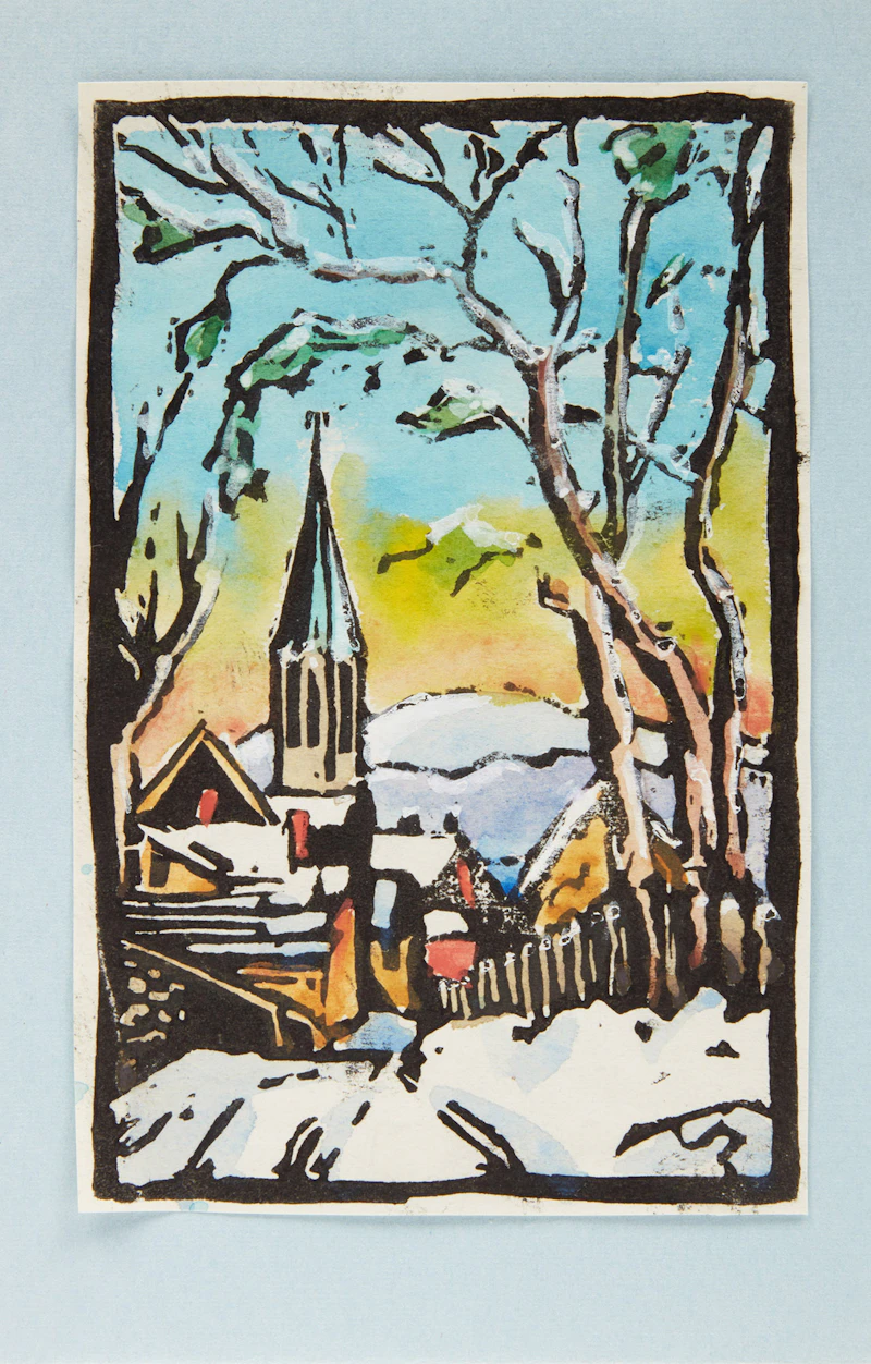 Muriel Stark, Cabin Among the Trees; Village in Winter; River in Winter, three hand-painted cards - view 3
