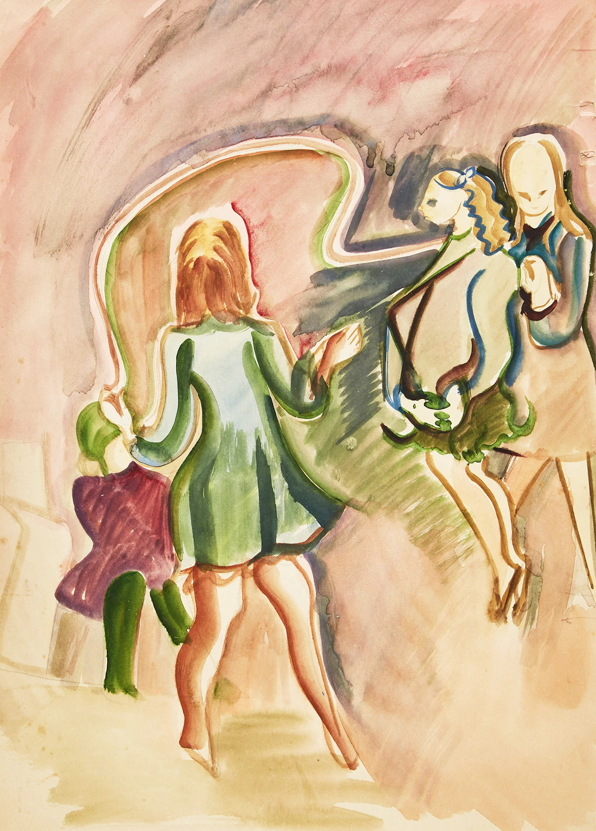 Pegi Nicol MacLeod, Girls Skipping Rope, watercolour, circa 1940