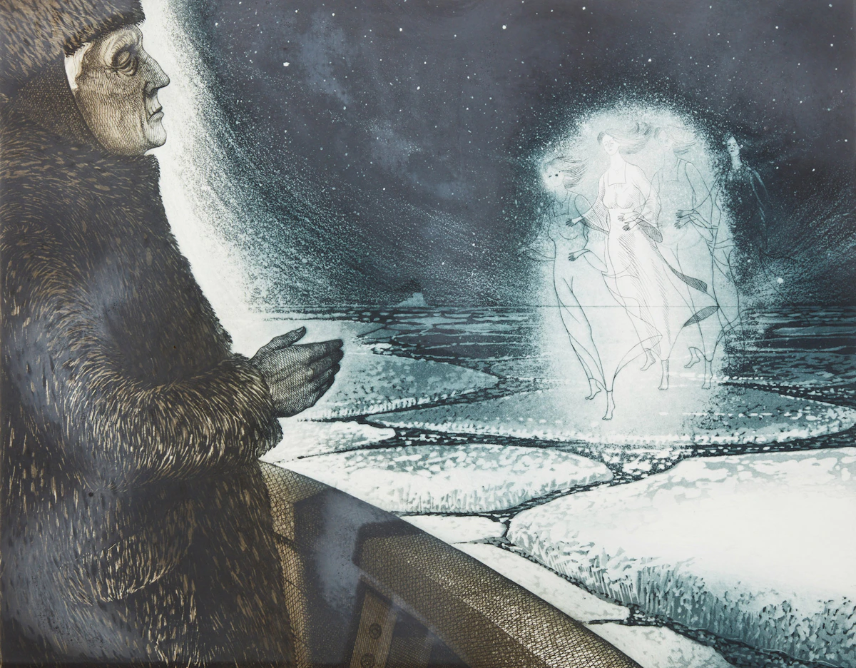 David Lloyd Blackwood, Captain Noah Bishop's Visitation at the Icefields, etching, 1979