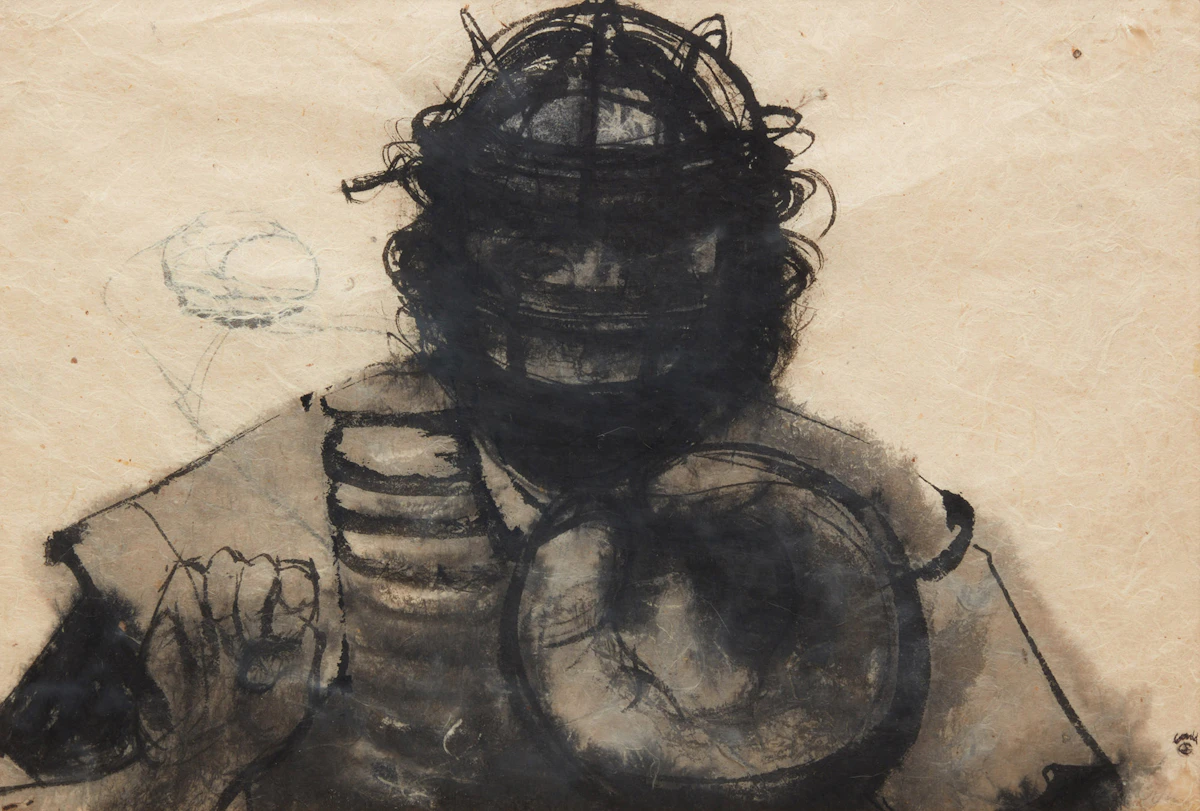 John Gould, Catcher (from the film Play Ball - Au Jeu), ink on paper, 1972