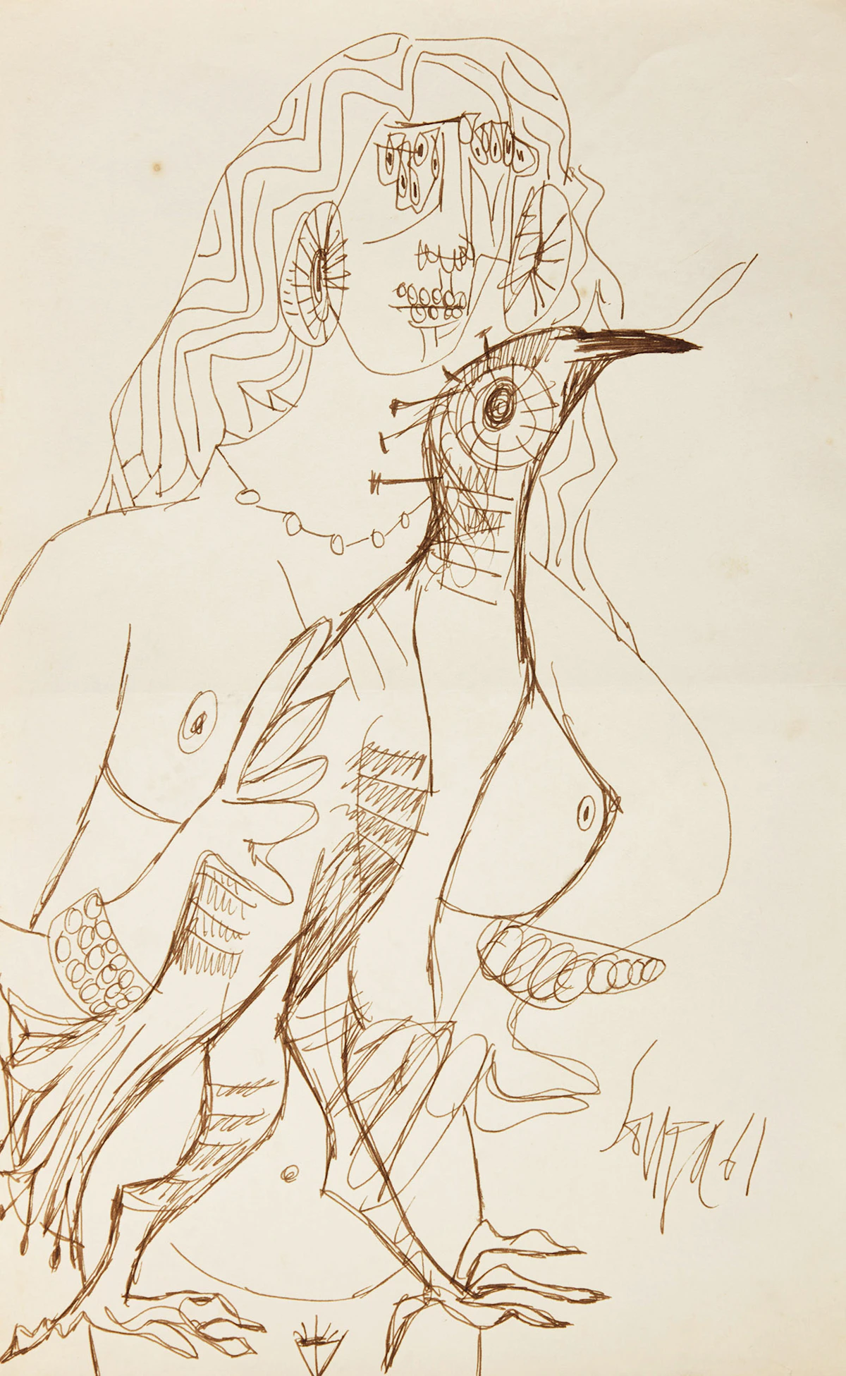 Francis Newton Souza, Nude with a Rooster, ink on paper, 1961