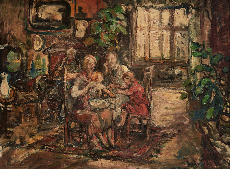 Július Jakoby, Interior Scene, oil on masonite
