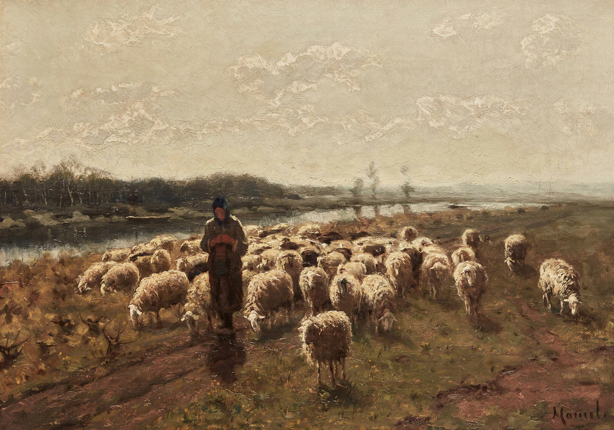 Unknown 20th Century Artist, Tending Sheep, oil on canvas