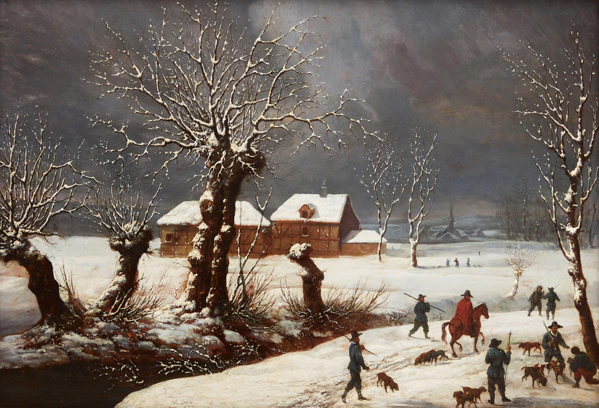 19th Century Dutch School, Winter Hunting Scene, oil on board