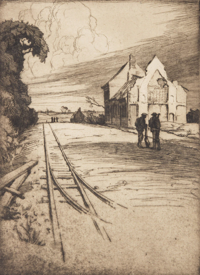 Untitled, Soldiers Beside Railway Tracks by Cyril Henry Barraud