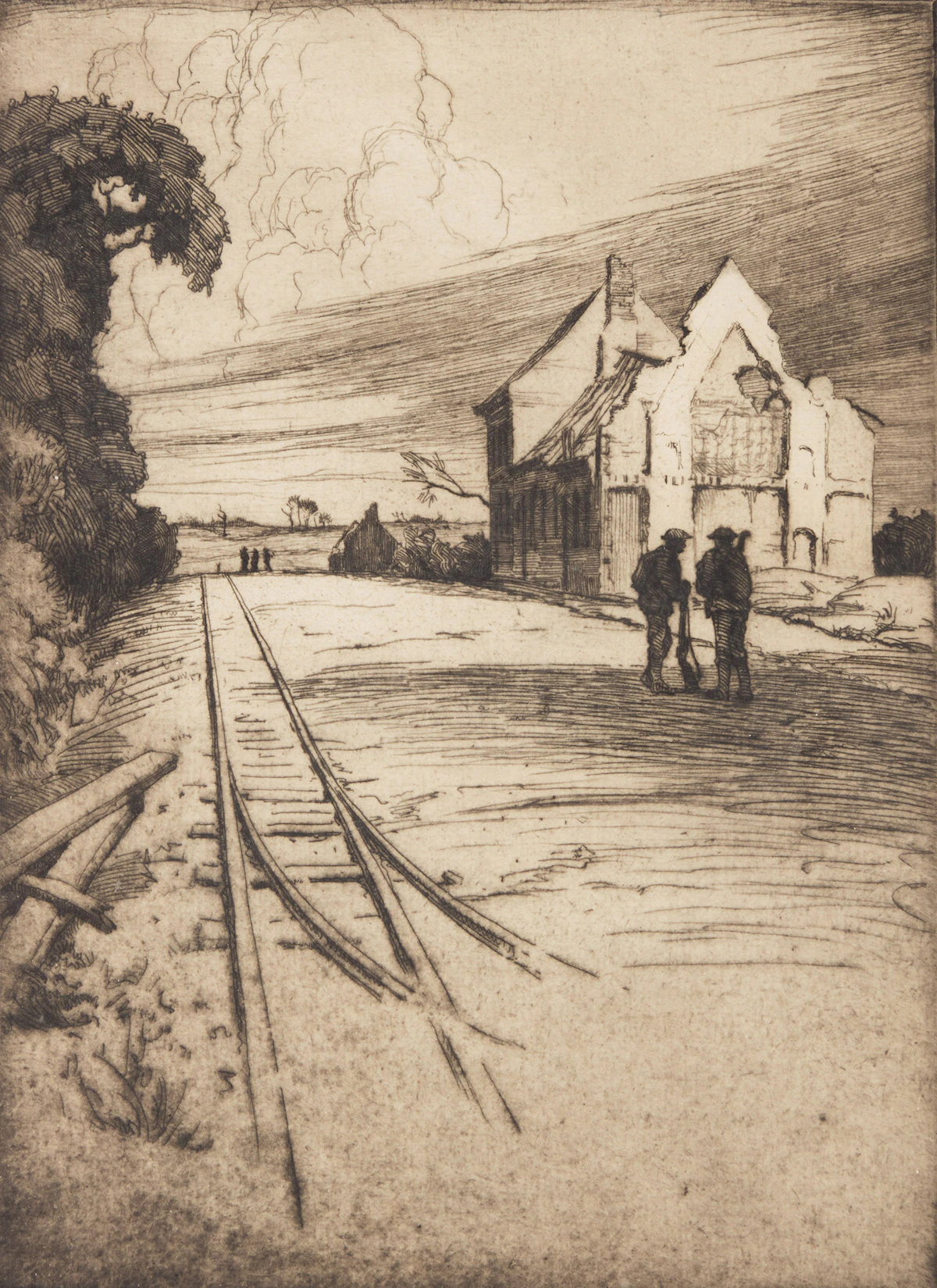 Cyril Henry Barraud, Untitled, Soldiers Beside Railway Tracks, etching