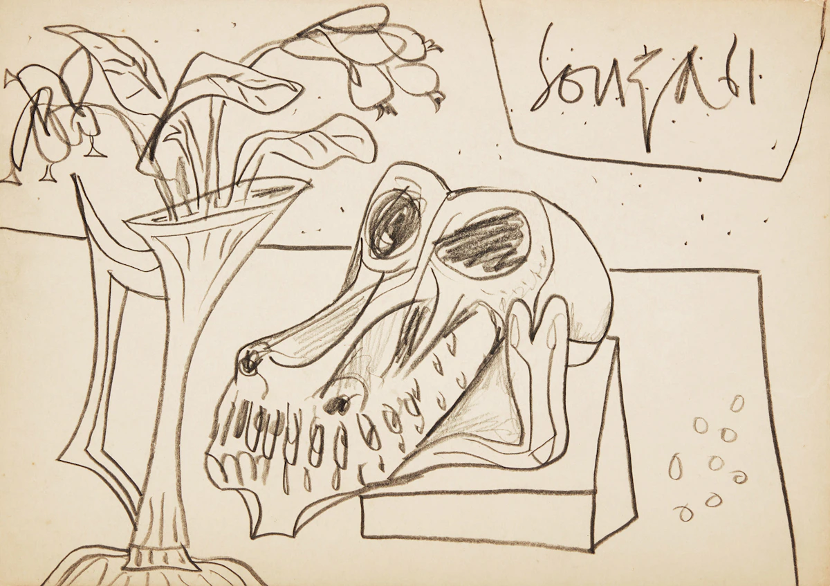 Francis Newton Souza, Still Life with Plant and Skull, pencil on paper, 1961