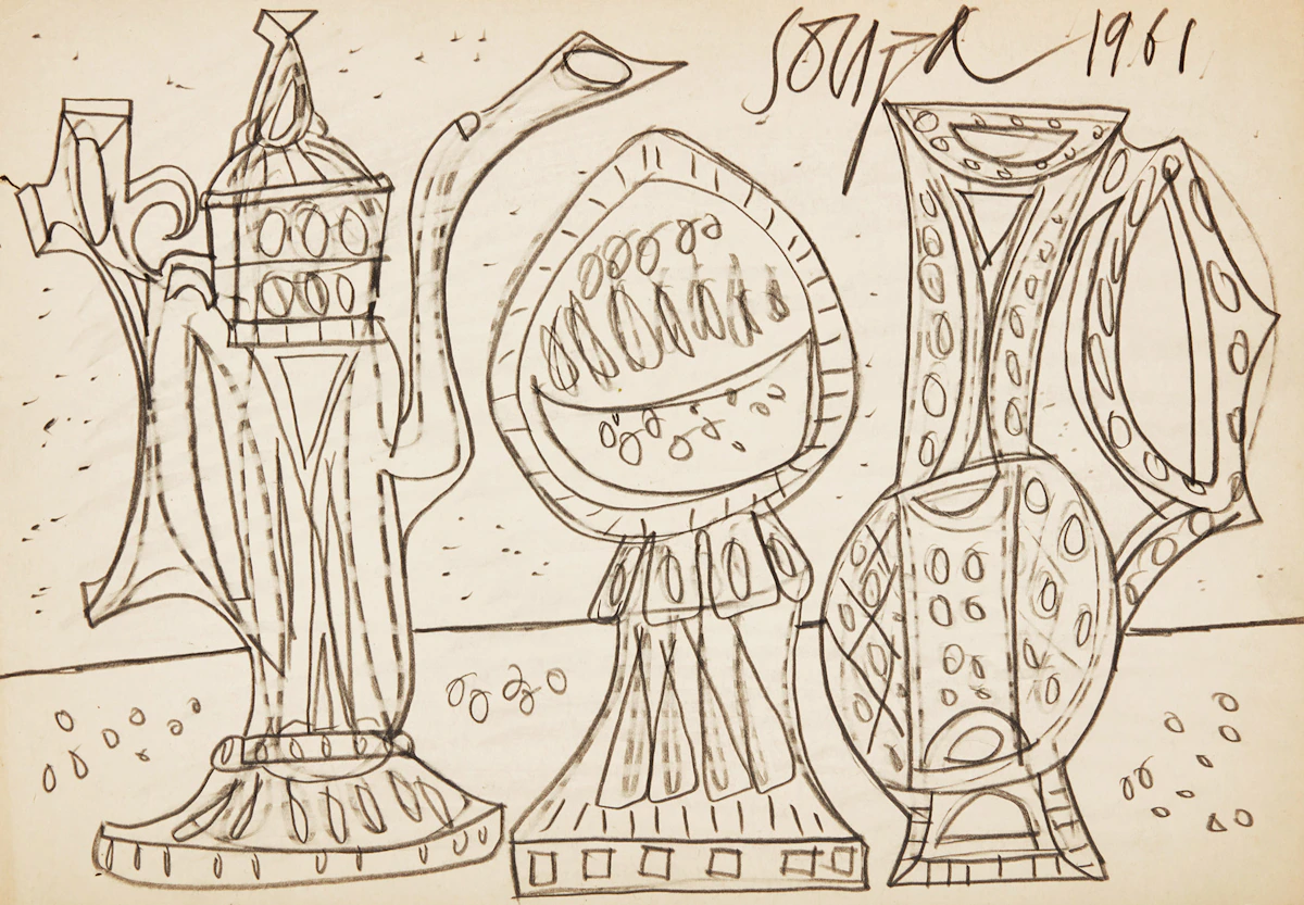 Francis Newton Souza, Still Life with Vessels, pencil on paper, 1961