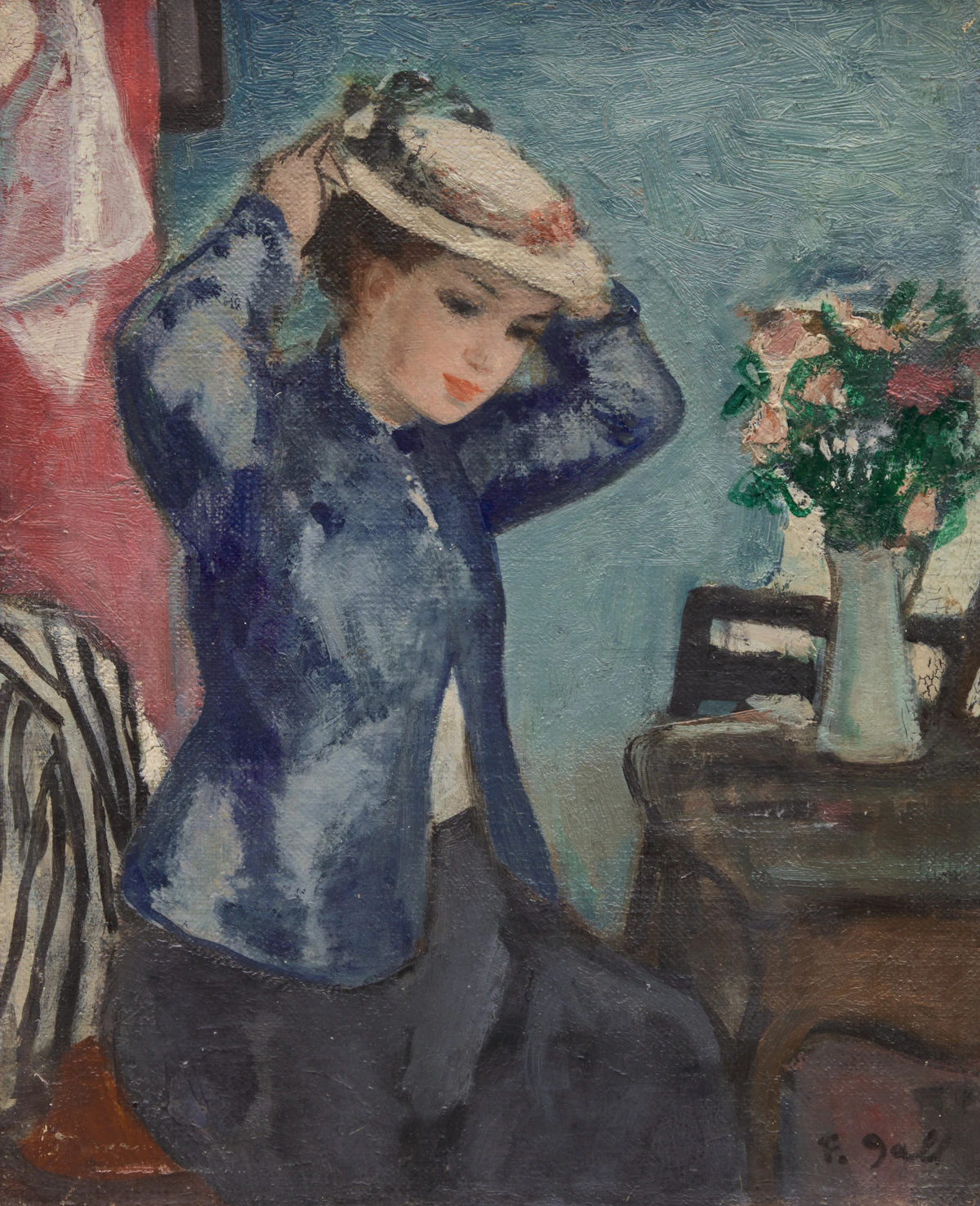 François Gall, Eugénie essaie son chapeau devant la coiffeuse fleurie and Eugénie peigne ses cheveux longs devant la coiffeuse fleurie, two oils on canvas