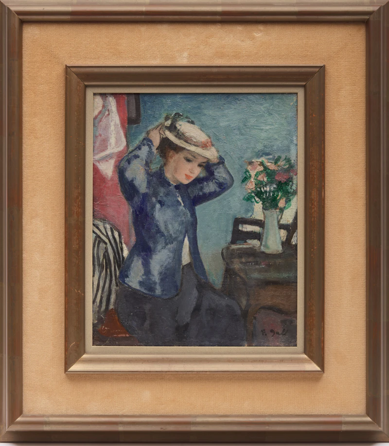 François Gall, Eugénie essaie son chapeau devant la coiffeuse fleurie and Eugénie peigne ses cheveux longs devant la coiffeuse fleurie, two oils on canvas - view 2