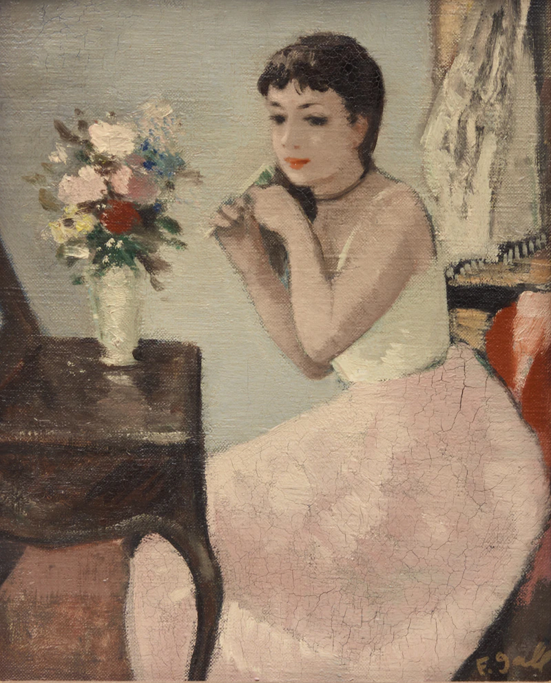 François Gall, Eugénie essaie son chapeau devant la coiffeuse fleurie and Eugénie peigne ses cheveux longs devant la coiffeuse fleurie, two oils on canvas - view 4