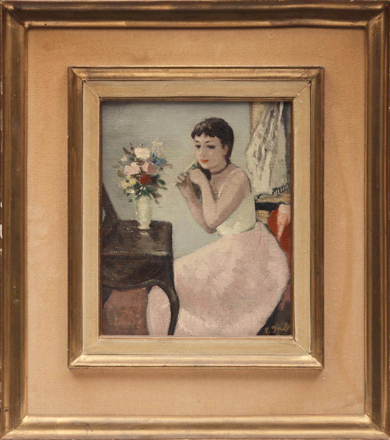 François Gall, Eugénie essaie son chapeau devant la coiffeuse fleurie and Eugénie peigne ses cheveux longs devant la coiffeuse fleurie, two oils on canvas - view 5