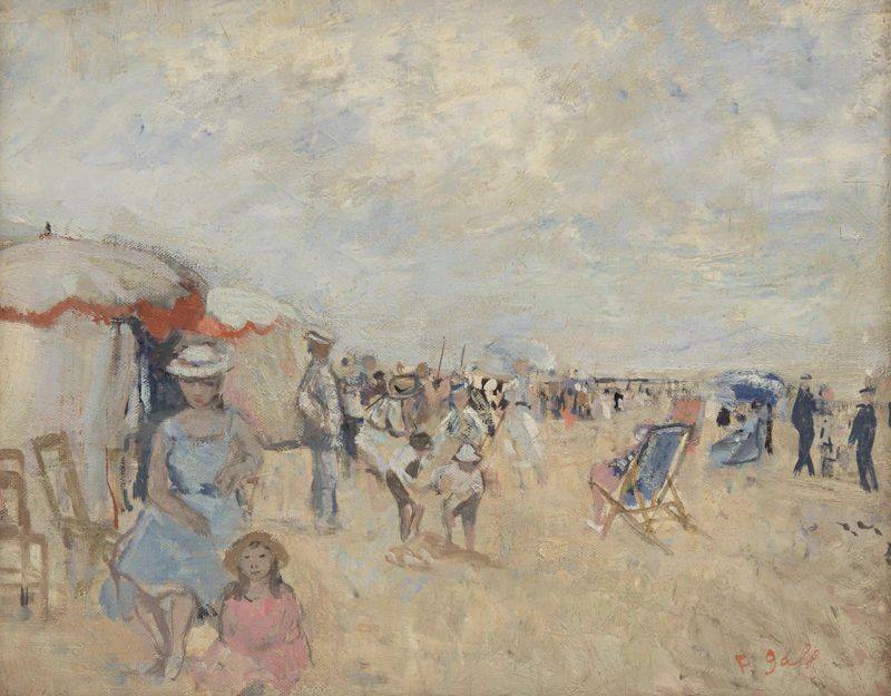 Famille et jeux d'enfants, plage normande and L'ami poète au chapeau blanc, plage normande by François Gall