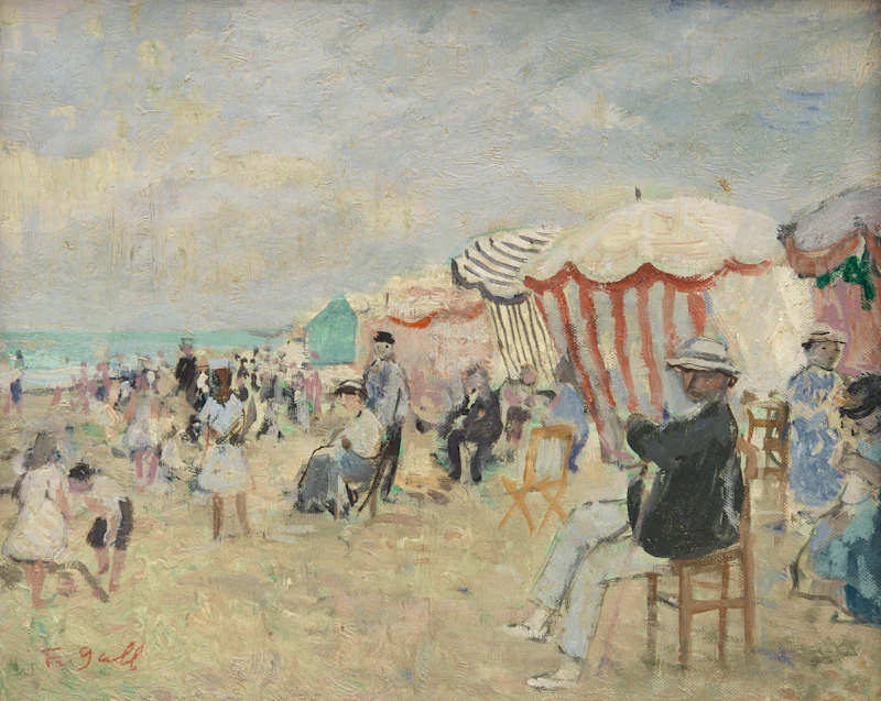 François Gall, Famille et jeux d'enfants, plage normande and L'ami poète au chapeau blanc, plage normande, two oils on canvas - view 4