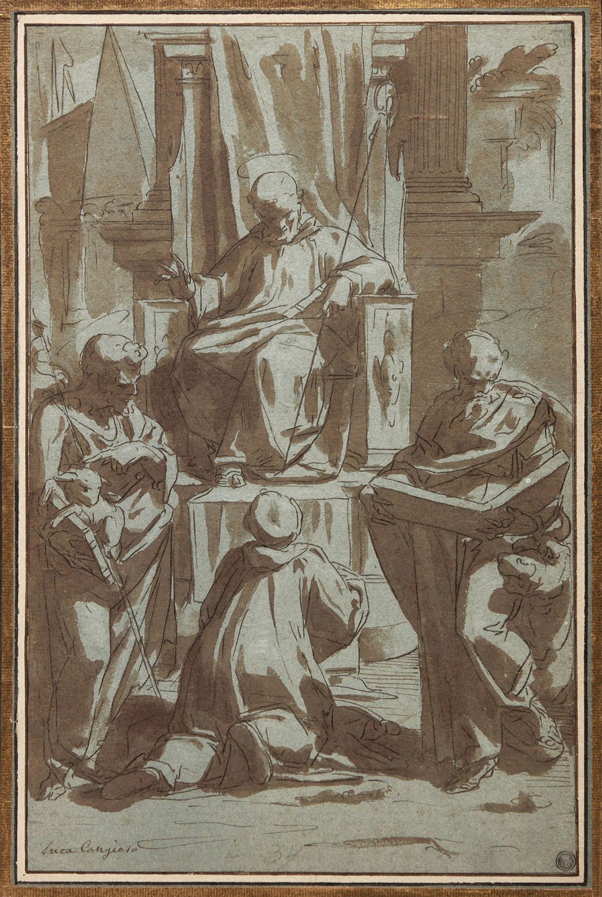 Manner of Luca Cambiaso, Adoration of Christ, ink and wash on blue wove paper