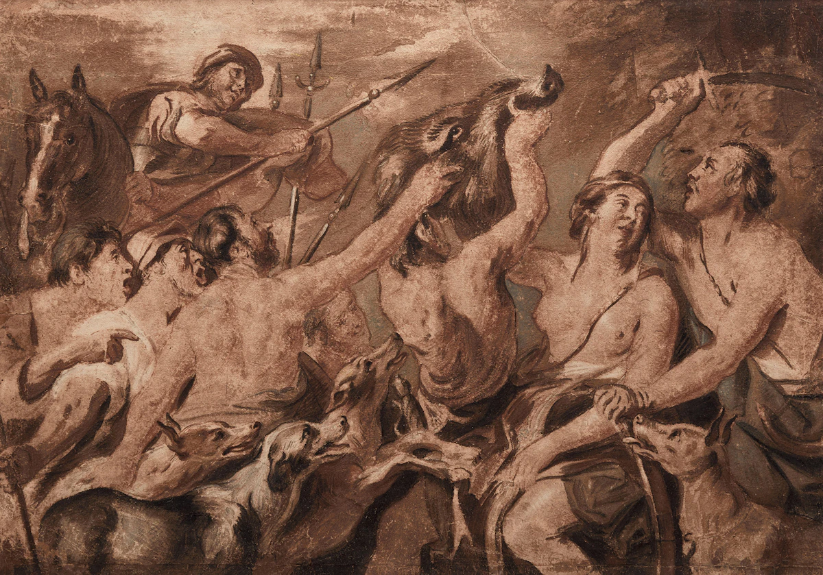 Manner of Jacob Jordaens, Meleager and Atalanta, watercolour