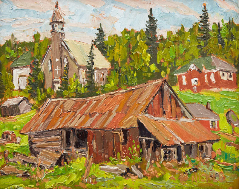 Lawrence Nickle, Priory, Church School and Barn at Chisholm, Ontario; Yellow Maples and Pond, two oils on panel