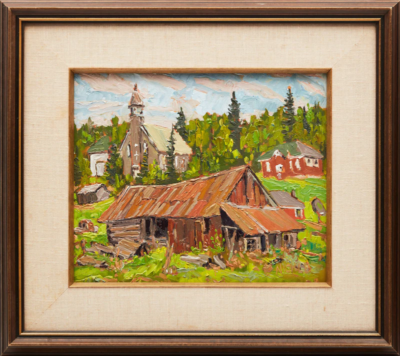 Lawrence Nickle, Priory, Church School and Barn at Chisholm, Ontario; Yellow Maples and Pond, two oils on panel, 1991 / 1992 - view 2