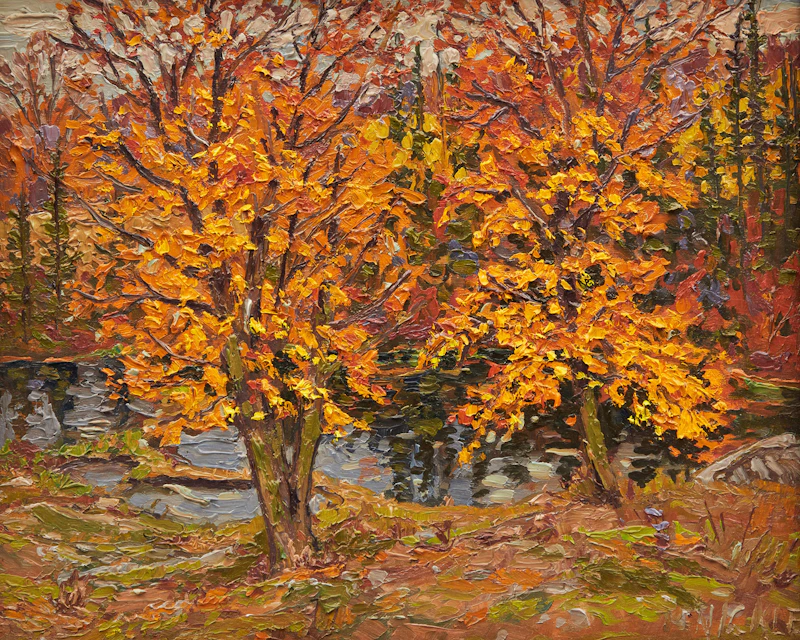 Lawrence Nickle, Priory, Church School and Barn at Chisholm, Ontario; Yellow Maples and Pond, two oils on panel, 1991 / 1992 - view 4