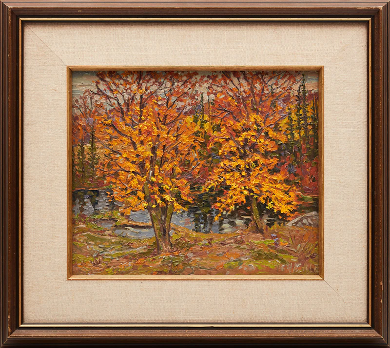 Lawrence Nickle, Priory, Church School and Barn at Chisholm, Ontario; Yellow Maples and Pond, two oils on panel, 1991 / 1992 - view 5