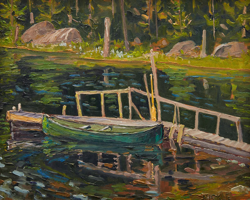 Lawrence Nickle, Canoe and Dock at Homestead Studio; Autumn Foliage, two oils on panel